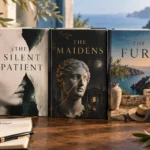 The Silent Patient, The Maidens, and The Fury displayed together in a Mediterranean reading setting with olive branches, books, and sea views