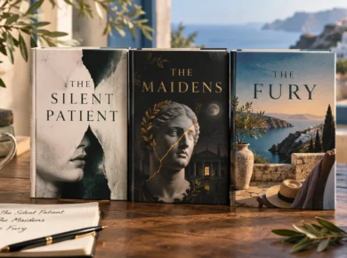 The Silent Patient, The Maidens, and The Fury displayed together in a Mediterranean reading setting with olive branches, books, and sea views
