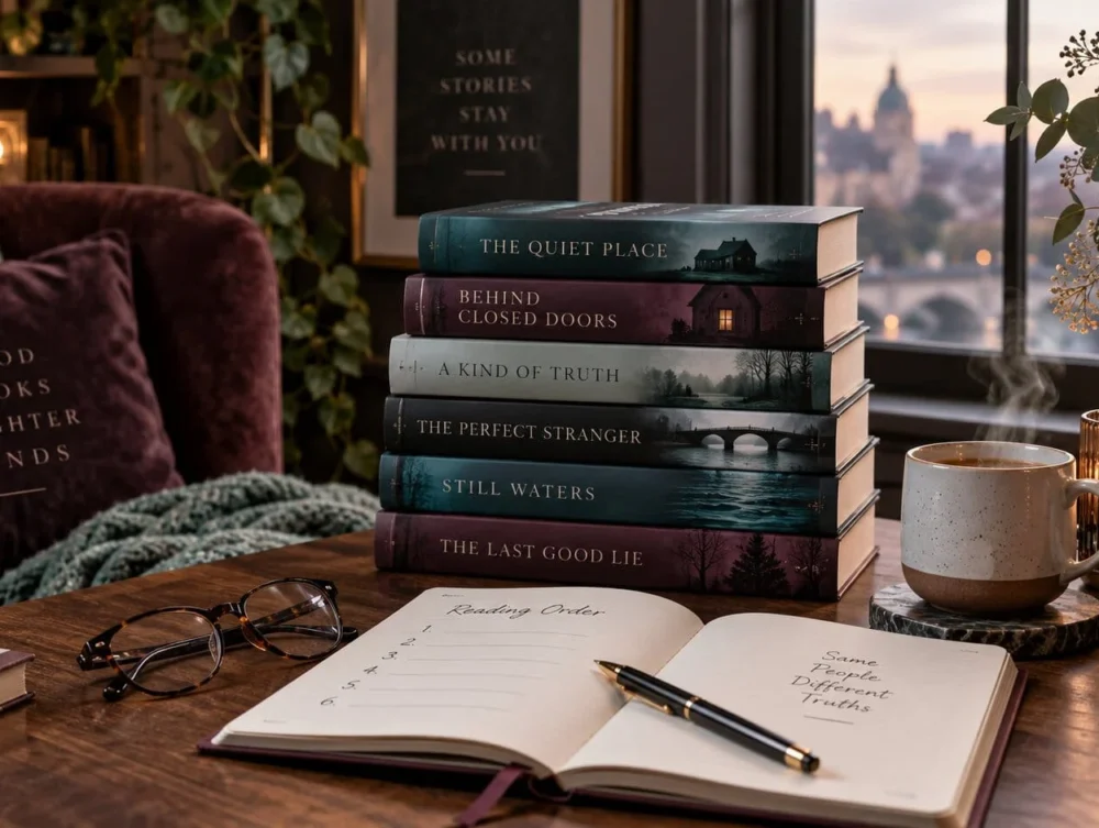 Moody reading scene with stacked Alice Feeney thrillers, notebook, coffee, flowers, and warm evening light
