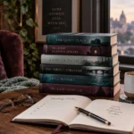 Moody reading scene with stacked Alice Feeney thrillers, notebook, coffee, flowers, and warm evening light