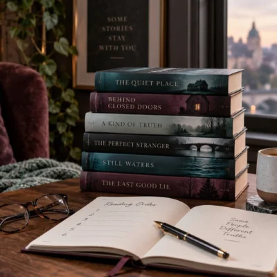 Moody reading scene with stacked Alice Feeney thrillers, notebook, coffee, flowers, and warm evening light
