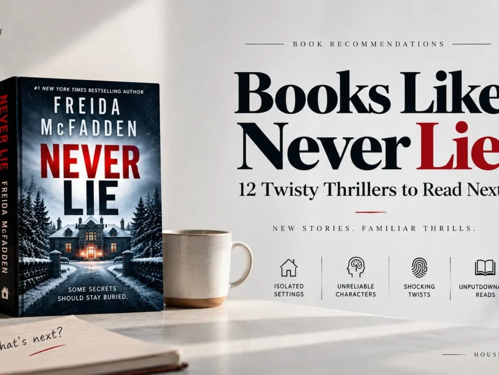Never Lie by Freida McFadden displayed in a winter reading scene with similar thrillers, coffee, and a snowy background