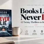 Never Lie by Freida McFadden displayed in a winter reading scene with similar thrillers, coffee, and a snowy background