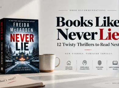 Never Lie by Freida McFadden displayed in a winter reading scene with similar thrillers, coffee, and a snowy background