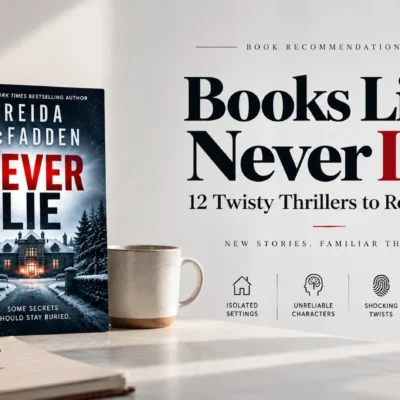 Never Lie by Freida McFadden displayed in a winter reading scene with similar thrillers, coffee, and a snowy background