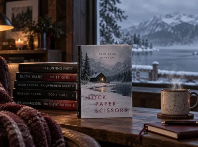 Rock Paper Scissors by Alice Feeney displayed with similar psychological thrillers in a snowy reading scene with coffee, books, and warm light