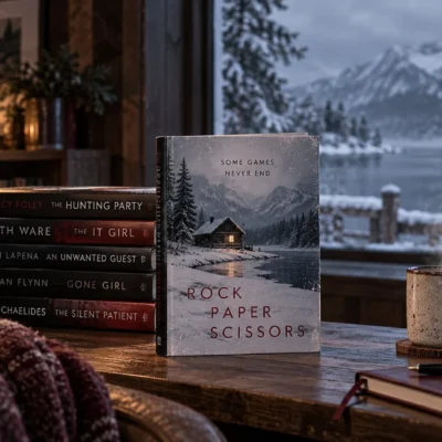 Rock Paper Scissors by Alice Feeney displayed with similar psychological thrillers in a snowy reading scene with coffee, books, and warm light