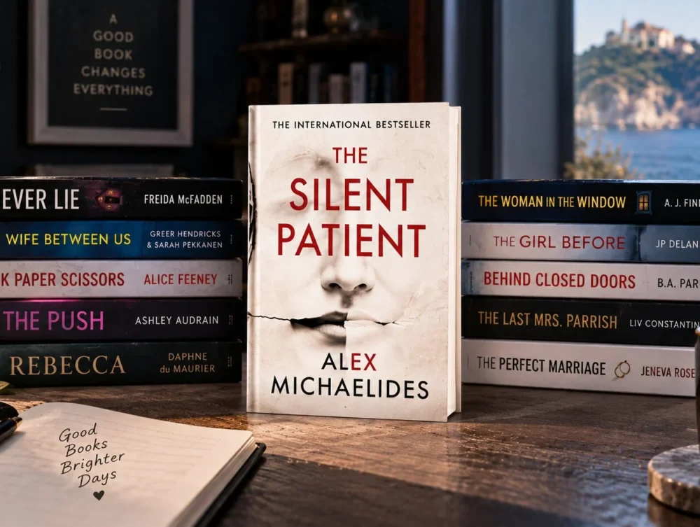 The Silent Patient displayed with similar psychological thrillers in a moody reading setup with coffee, notebook, books, and warm light