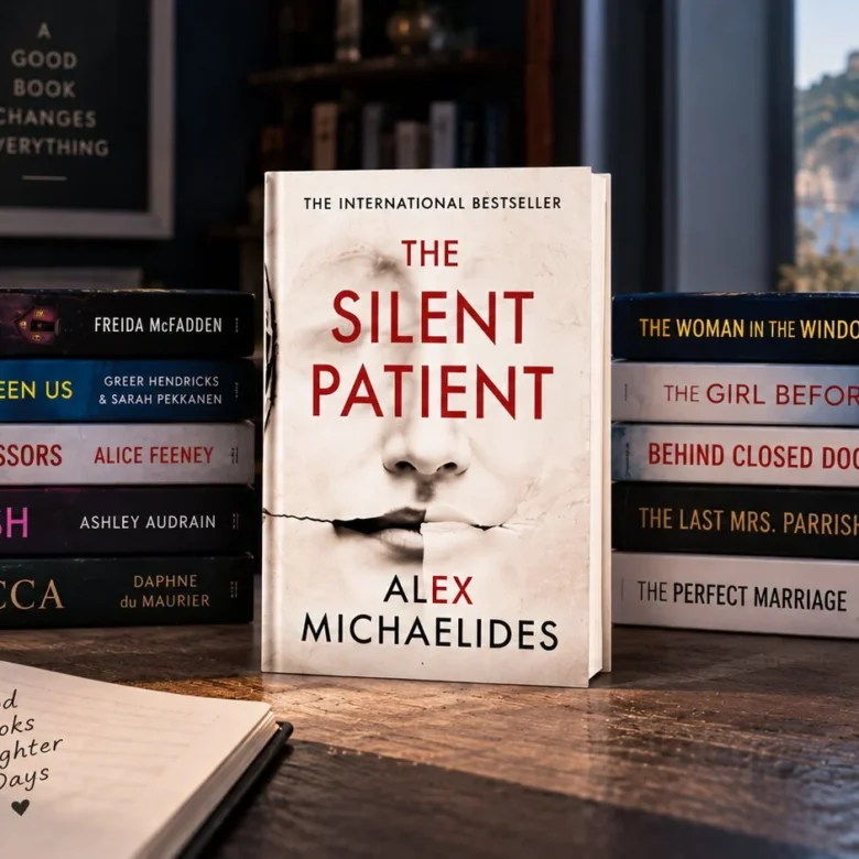 The Silent Patient displayed with similar psychological thrillers in a moody reading setup with coffee, notebook, books, and warm light