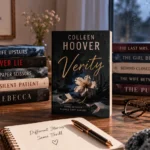 Verity displayed with similar psychological thrillers in a cozy reading setup with coffee, glasses, plants, and warm light