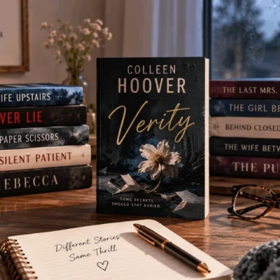 Verity displayed with similar psychological thrillers in a cozy reading setup with coffee, glasses, plants, and warm light