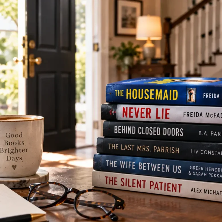 Stack of psychological thriller books including The Housemaid, Never Lie, Behind Closed Doors, The Last Mrs Parrish, The Wife Between Us, and The Silent Patient