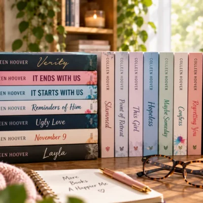 Stack of Colleen Hoover books in a bright cozy reading setting with coffee, glasses, and natural light