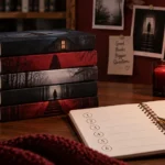 Moody reading desk with stacked thriller books, notebook, coffee mug, and candle