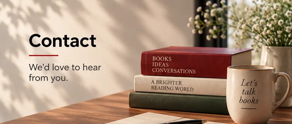 Cozy contact page banner with stacked books, a plant, coffee mug, notebook, and warm natural light