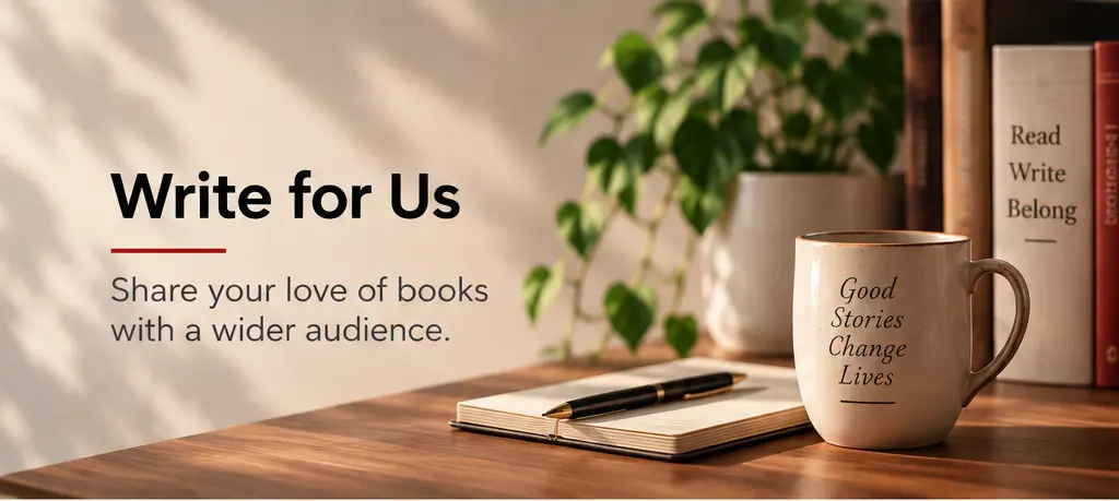 Warm writing desk scene with books, notebook, pens, coffee mug, plant, and soft natural light