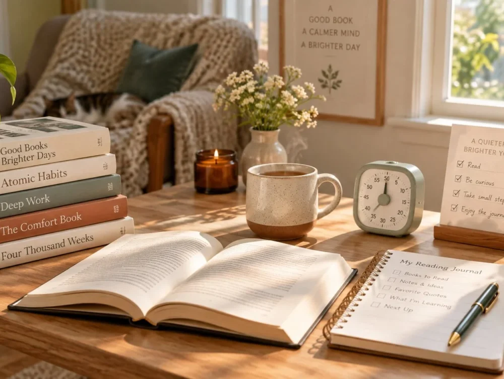 Bright reading nook with an open book, reading journal, timer, coffee, plants, and warm natural light for building a consistent reading habit