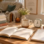 Bright reading nook with an open book, reading journal, timer, coffee, plants, and warm natural light for building a consistent reading habit