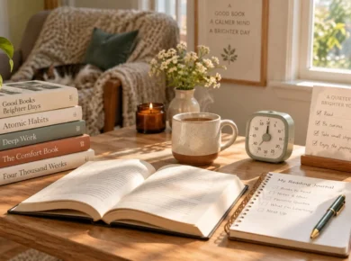 Bright reading nook with an open book, reading journal, timer, coffee, plants, and warm natural light for building a consistent reading habit