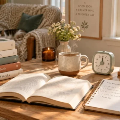 Bright reading nook with an open book, reading journal, timer, coffee, plants, and warm natural light for building a consistent reading habit
