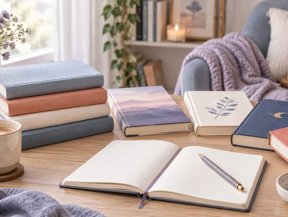 Cozy reading setup with stacked books, notebook, coffee, plants, and soft natural light for choosing a next read