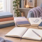 Cozy reading setup with stacked books, notebook, coffee, plants, and soft natural light for choosing a next read