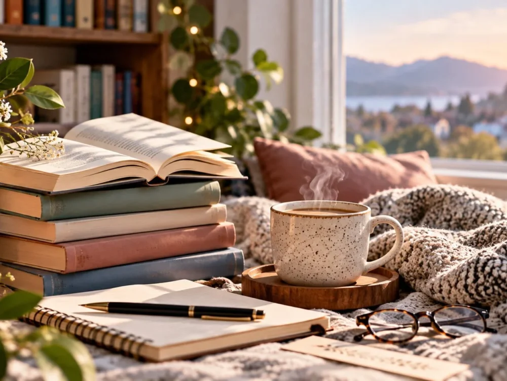 Cozy reading nook with books, coffee, plants, a notebook, and warm natural light for an article about getting out of a reading slump