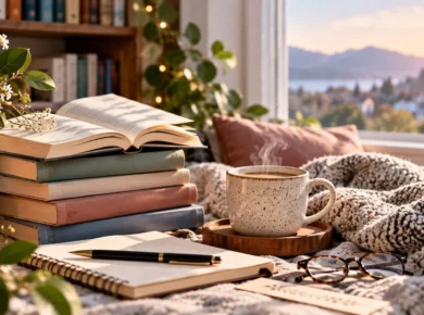 Cozy reading nook with books, coffee, plants, a notebook, and warm natural light for an article about getting out of a reading slump