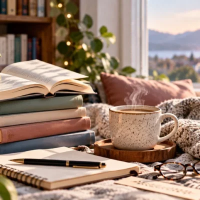 Cozy reading nook with books, coffee, plants, a notebook, and warm natural light for an article about getting out of a reading slump