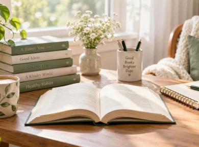 Bright reading setup with an open book, stacked books, coffee, plants, notebook, and natural sunlight