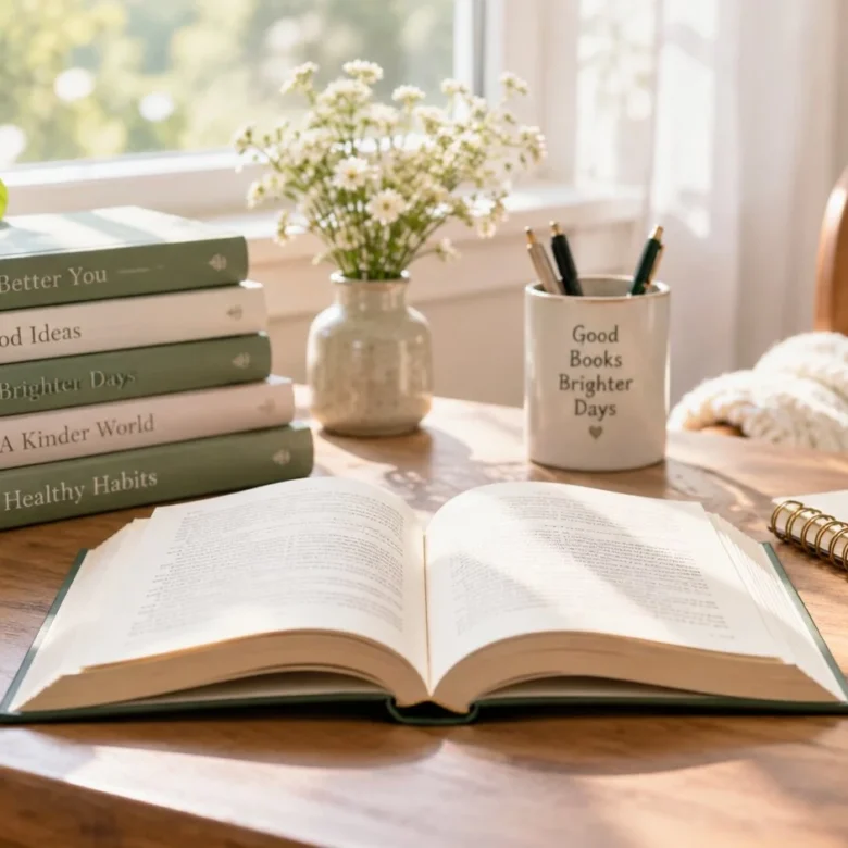 Bright reading setup with an open book, stacked books, coffee, plants, notebook, and natural sunlight