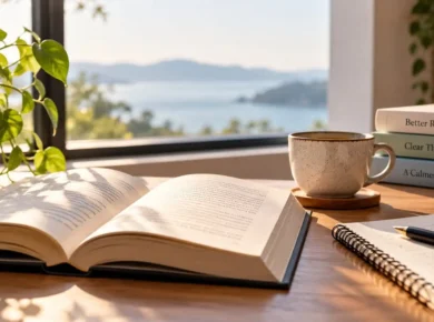 Minimal reading desk with an open book, notebook, coffee, plant, and soft natural light for an article about remembering what you read