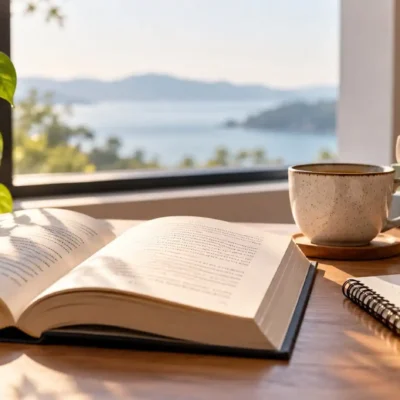 Minimal reading desk with an open book, notebook, coffee, plant, and soft natural light for an article about remembering what you read