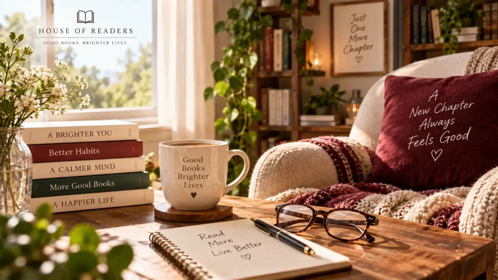 Bright cozy reading nook with books, coffee, glasses, plants, and natural sunlight for getting back into reading