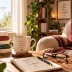 Bright cozy reading nook with books, coffee, glasses, plants, and natural sunlight for getting back into reading
