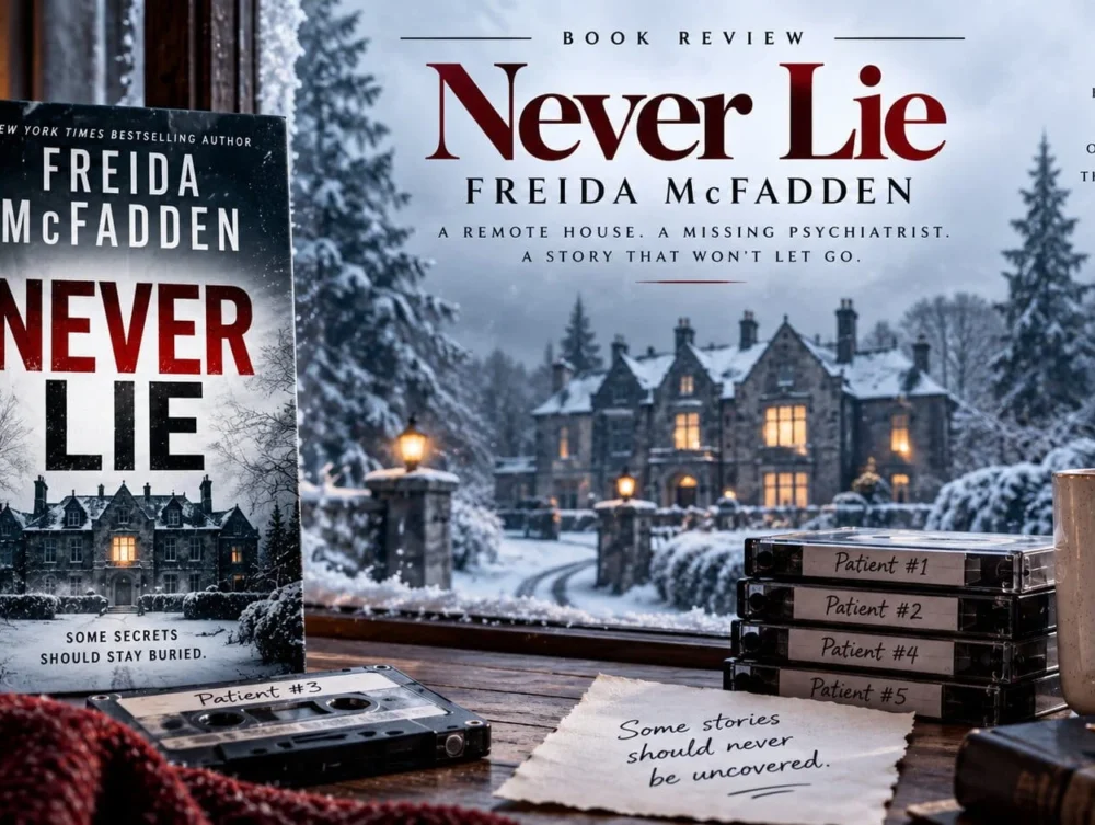 Never Lie by Freida McFadden displayed beside a snowy mansion with cassette tapes, warm lighting, and a winter thriller atmosphere