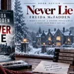 Never Lie by Freida McFadden displayed beside a snowy mansion with cassette tapes, warm lighting, and a winter thriller atmosphere