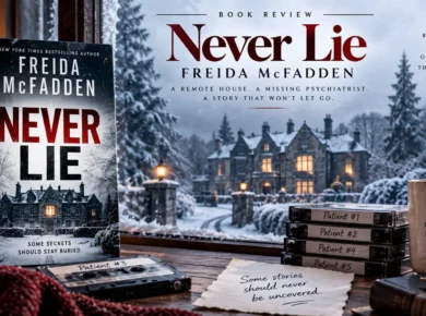 Never Lie by Freida McFadden displayed beside a snowy mansion with cassette tapes, warm lighting, and a winter thriller atmosphere