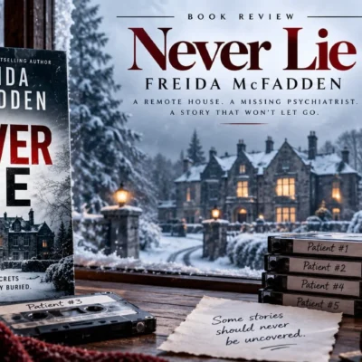 Never Lie by Freida McFadden displayed beside a snowy mansion with cassette tapes, warm lighting, and a winter thriller atmosphere