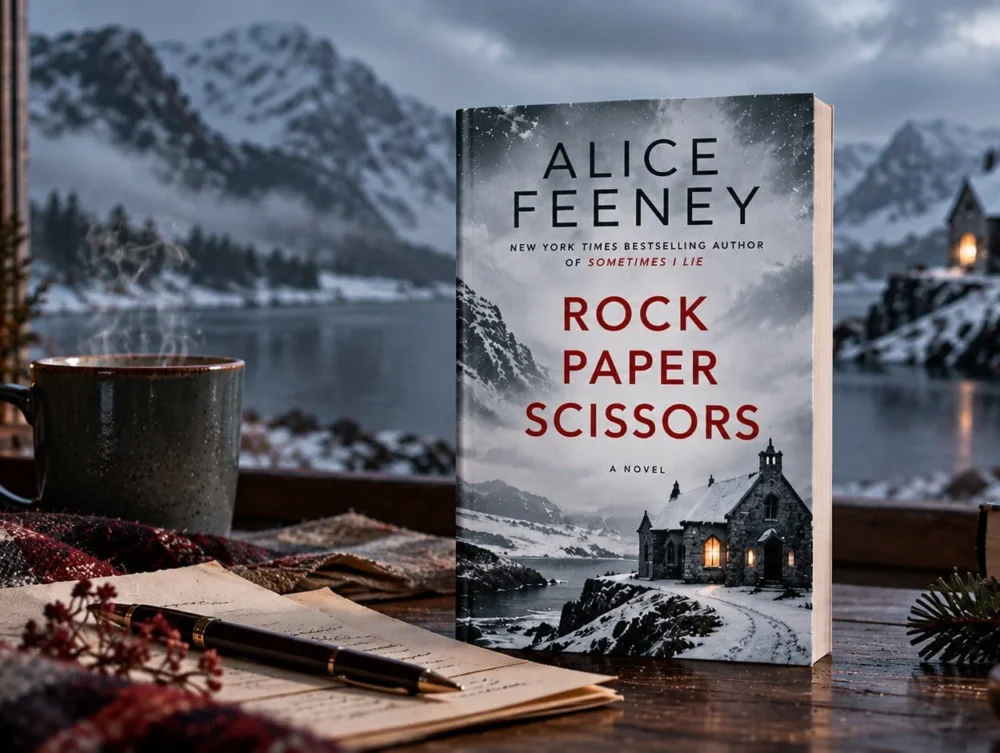 Rock Paper Scissors by Alice Feeney displayed in a snowy Scottish setting with a warm lantern, coffee, and winter mountains