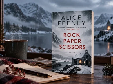 Rock Paper Scissors by Alice Feeney displayed in a snowy Scottish setting with a warm lantern, coffee, and winter mountains