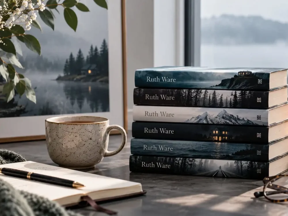 Stack of Ruth Ware thrillers in a calm reading nook with coffee, notebook, soft natural light, and atmospheric mystery styling