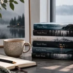 Stack of Ruth Ware thrillers in a calm reading nook with coffee, notebook, soft natural light, and atmospheric mystery styling
