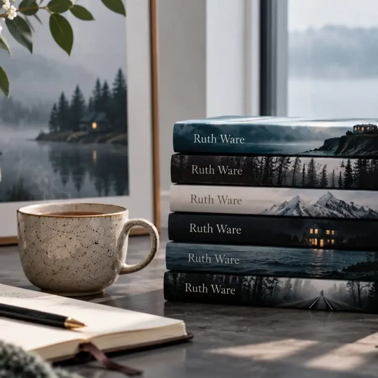 Stack of Ruth Ware thrillers in a calm reading nook with coffee, notebook, soft natural light, and atmospheric mystery styling
