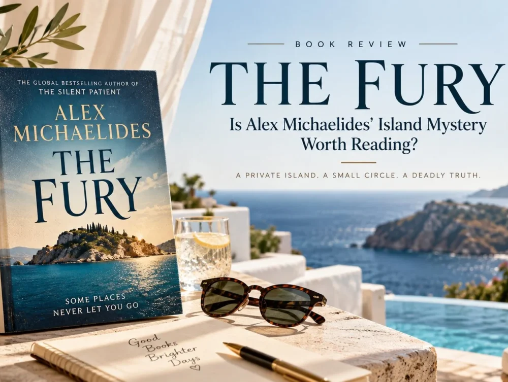 The Fury by Alex Michaelides displayed on a sunlit Greek island terrace with sea views, olive branches, sunglasses, and a notebook