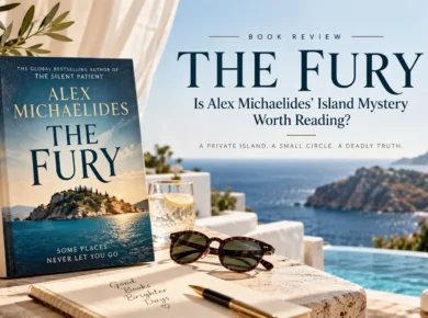 The Fury by Alex Michaelides displayed on a sunlit Greek island terrace with sea views, olive branches, sunglasses, and a notebook
