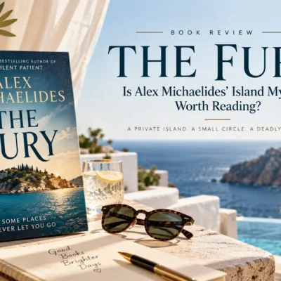 The Fury by Alex Michaelides displayed on a sunlit Greek island terrace with sea views, olive branches, sunglasses, and a notebook