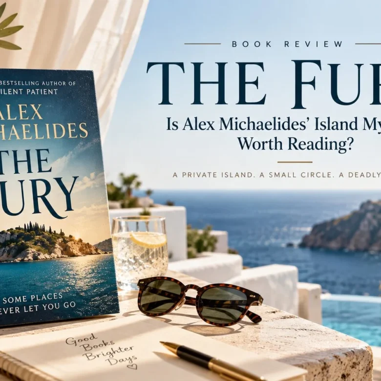 The Fury by Alex Michaelides displayed on a sunlit Greek island terrace with sea views, olive branches, sunglasses, and a notebook