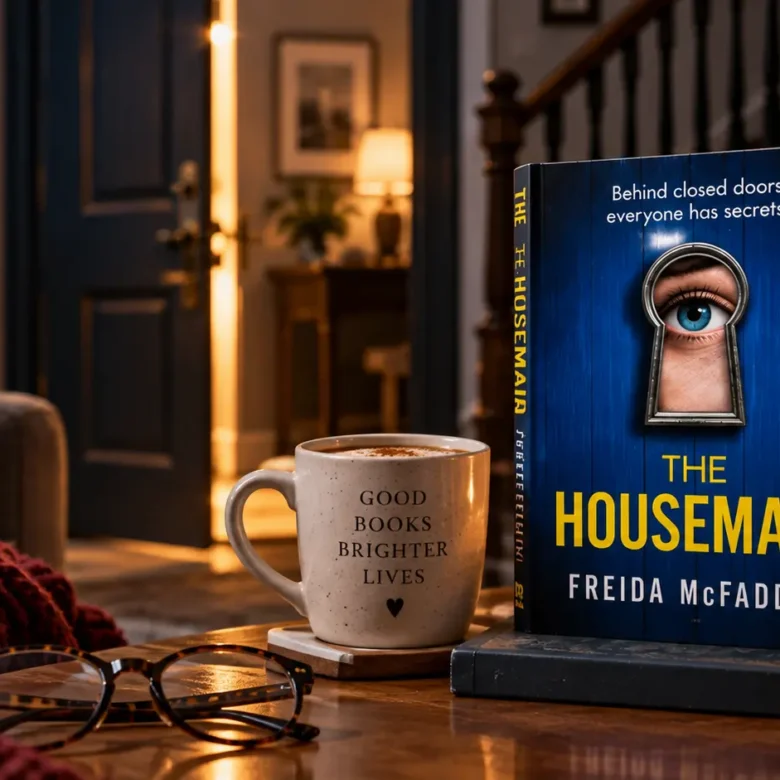 The Housemaid book displayed in a cozy reading scene with coffee, glasses, flowers, and an open doorway