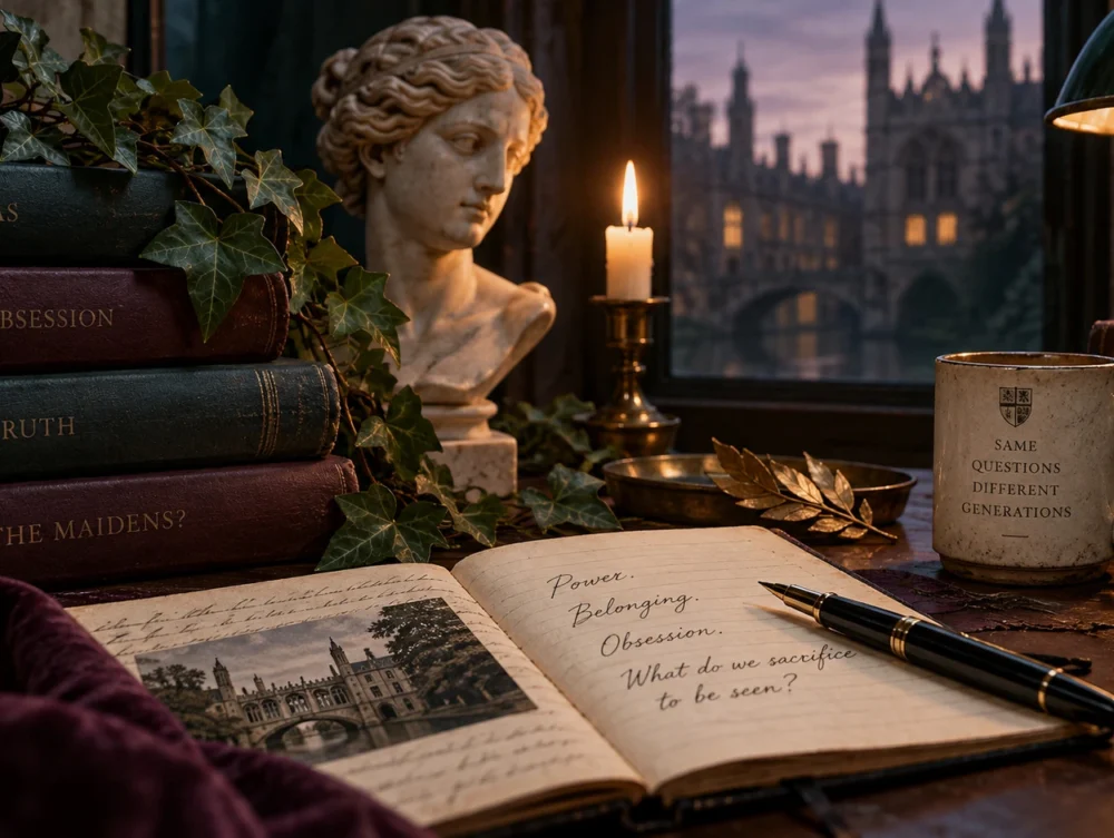 Dark academia reading scene inspired by The Maidens with Cambridge architecture, classical sculpture, books, ivy, candlelight, and an open notebook